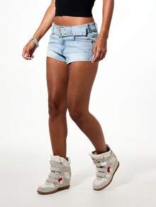 BABYPHAT Quần short denim cạp thấp có thắt lưng, ống quần xắn gấu, phong cách đường phố thường ngày mùa hè, lễ hội. - Màu xanh lam - Xem 5