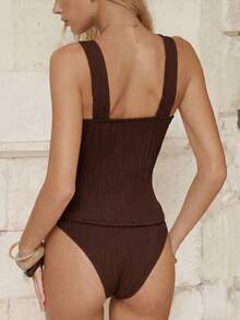 Bonvoyette Conjunto de tankini de 2 piezas con cuello en V, cintura fruncida con cordón y lazos laterales, en tela con textura ondulada y efecto tie-dye marrón, estilo para mujeres maduras, para primavera/verano - Café integral - Ver 2