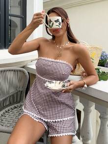 SHEIN Frenchy 女款格紋抹胸上衣與短褲休閒兩件組 - 中紫紅色 - 查看 4