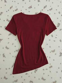 Mori Grove Mori Grove Blusa corta con escote en V, manga corta y decoración de argolla en la parte delantera para mujer, de punto en color amarillo crema/amarillo limón, adecuada para primavera, verano y otoño - Burdeos - Ver 2