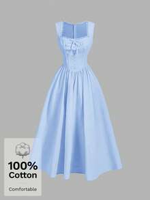 SHEIN MOD Yellow Cotton Button Trim Square Collar Dress - Blue - View 3