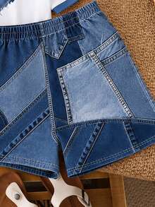 Setelan 2pcs untuk Anak Perempuan Remaja, Atasan Lengan Pendek dan Celana Pendek Motif Hati Kasual, Cocok untuk Musim Panas, Denim dengan Desain Hati, Celana Jeans Patchwork Biru - MultiWarna - View 4