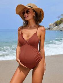 Momance Pregnant Women's Simple Solid Color Ruffle Trim One-Piece Swimsuit, Suitable For Beach & Holiday - Brown - View 6