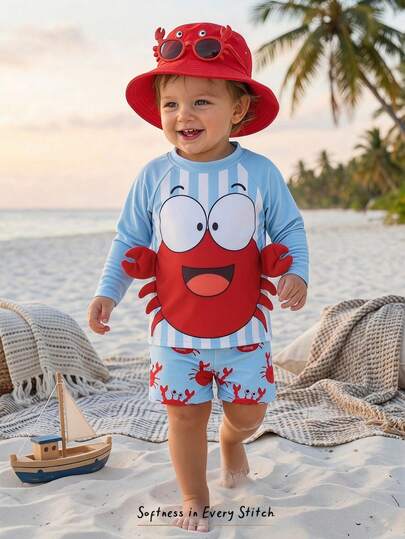 Cozy Pixies Baby Boy Striped Crab Print Round Neck Long Sleeve Top And Casual Shorts Swimsuit Set