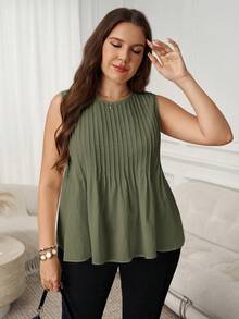 SHEIN LUNE Áo tank top không tay cổ tròn màu trơn, cỡ lớn, kiểu dáng thường ngày - xanh quân đội - Xem 6