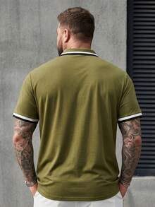 Manfinity Homme 男士加大码撞色纽扣半开襟短袖休闲Polo衫，适合夏季和假日穿着 - 綠色 - 查看 2