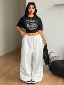 Coolane 女款大尺碼秋季度假休閒街頭風中腰寬腿彈力腰帶白色口袋寬鬆長褲 - 白色 - 查看 6