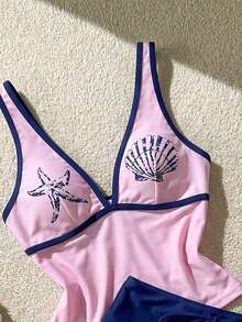 Elavelle 女款海星與貝殼印花坦基尼泳衣套裝，修身顯瘦，適合海灘、度假村、水療中心 - 粉色 - 查看 4