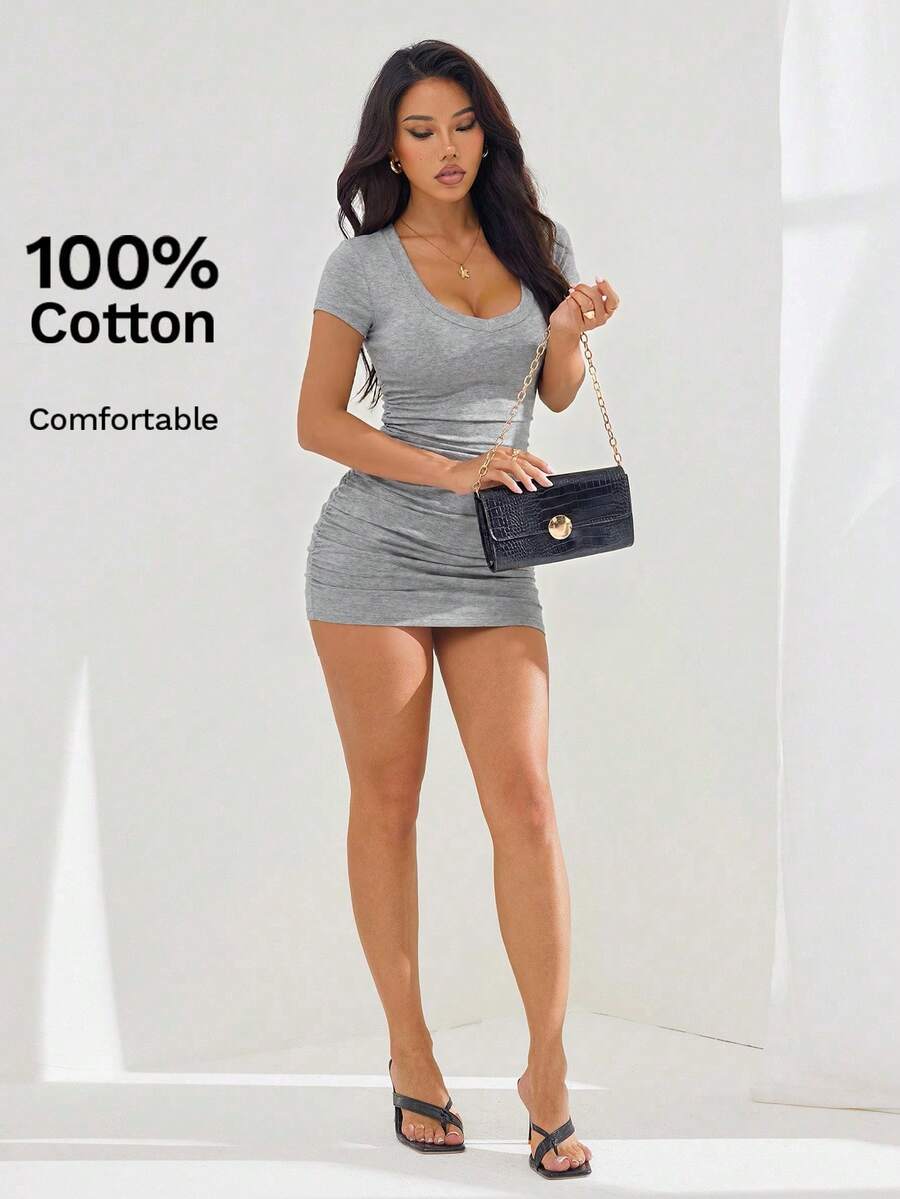 SHEIN PETITE Summer Dress Solid Ruched Bodycon Dress,Dresses For Women Summer ,Petite Women - Grey - View 1