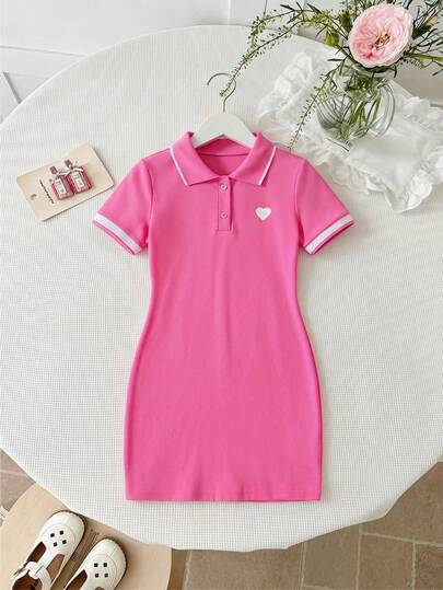 SHEIN 女童纯色心形图案领休闲针织连衣裙