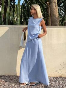 Livesso Spring Summer Aqua Blue Round Neck Sleeveless Solid Color Top Casual Minimalist Long Skirt Women's Two Pieces Set Vacation - Blue - View 4