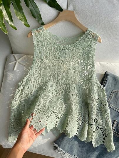 SHEIN EZwear Áo tank top dệt kim cổ tròn màu xanh ô liu trơn, cỡ lớn dành cho nữ, thích hợp cho mùa xuân/hè.