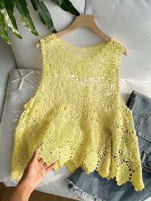 SHEIN EZwear 大码女式夏季沙滩度假休闲镂空针织背心 - 鵝黃色 - 查看 1
