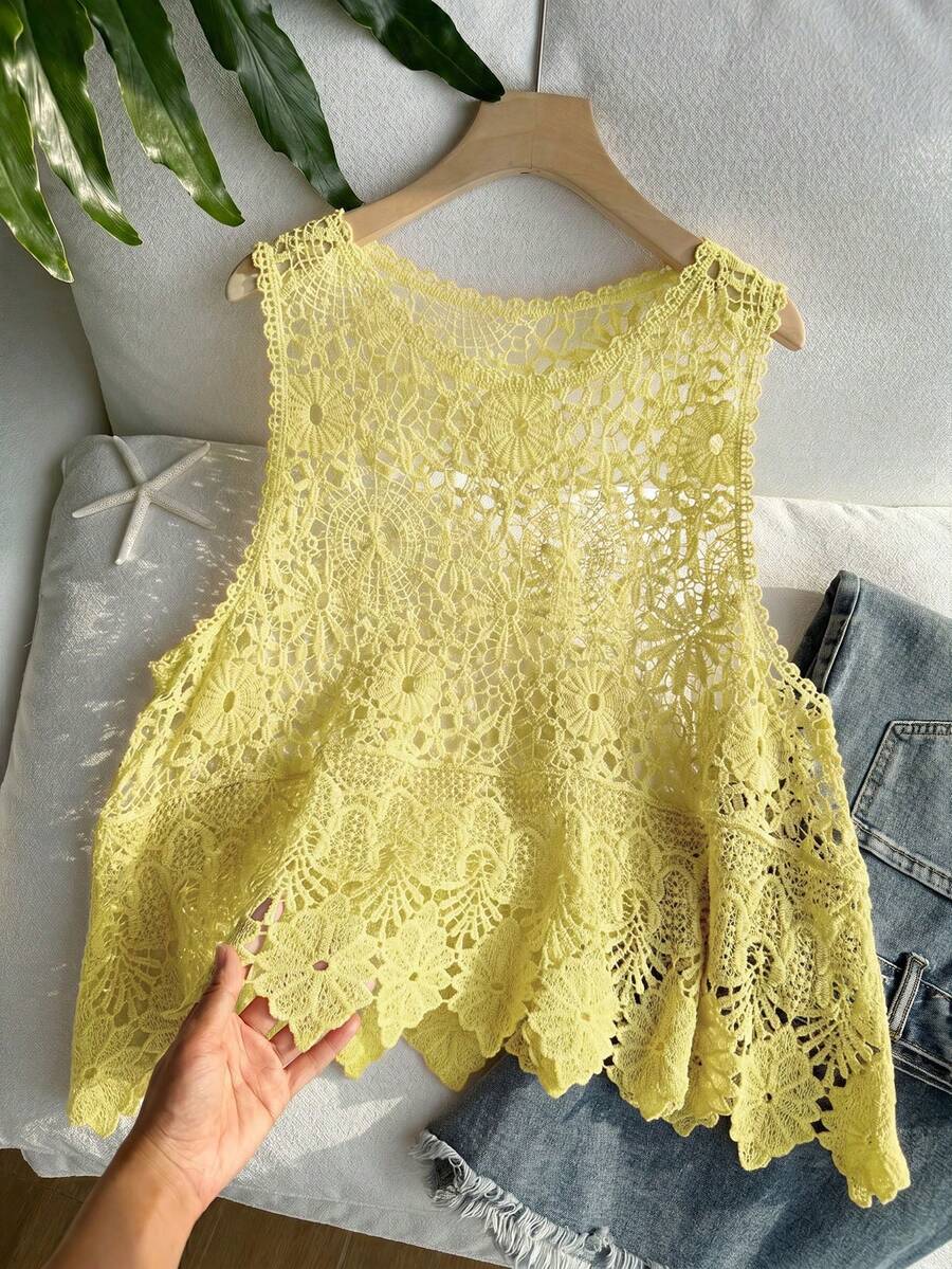 SHEIN EZwear 大码女式夏季沙滩度假休闲镂空针织背心 - 鵝黃色 - 查看 1