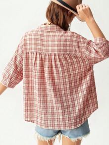 Bohemela Áo kiểu nữ tay ngắn dáng rộng, kẻ caro, chất liệu dệt kim, phong cách thường ngày. - Hồng - Xem 7