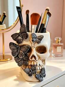 Gothic Skull And Butterfly Resin Storage Box - The Unique Engraved Design With Black Butterflies Makes It Perfect For Storing Makeup Brushes, Pencils Or Small Accessories. It Can Be Placed On A Vanity Table, Office Desk Or A Gothic-Style Corner. It Offers A Fashionable And Avant-Garde Storage Solution For Those Who Love Beauty And Alternative Home Decoration. - New Model - View 6
