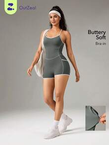 OutZeal Romper Women Sports Jumpsuits Gym Workout Fitness Pilates Clothes Bra-In Removable Pads - Army Green - View 1