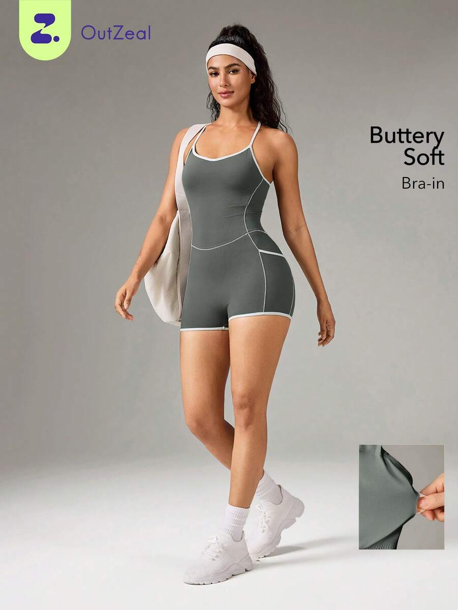 OutZeal Romper Women Sports Jumpsuits Gym Workout Fitness Pilates Clothes Bra-In Removable Pads - Army Green - View 1