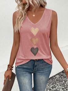EMERY ROSE Nuevo top de tirantes casual y versátil con cuello en V y estampado de corazón degradado para mujer, primavera/verano - Rosa Pálido - Ver 3