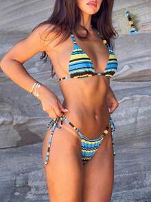 Swim SXY Conjunto de bikini sexy con bloques de color tropical, top de triángulo con estampado de rayas azul, amarillo y marrón con decoración de cuentas y espalda con lazos, con Bottom tipo cheeky a juego, adecuado para vacaciones tropicales, festivales de música, fiestas en la playa - Multicolor - Ver 4