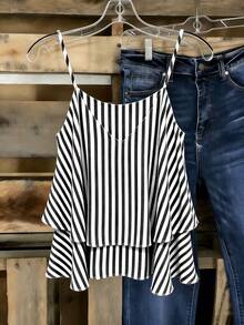 EMERY ROSE Áo nữ dệt sọc, kiểu dáng thường ngày, thích hợp mặc đi biển mùa hè. - Đen và trắng - Xem 2