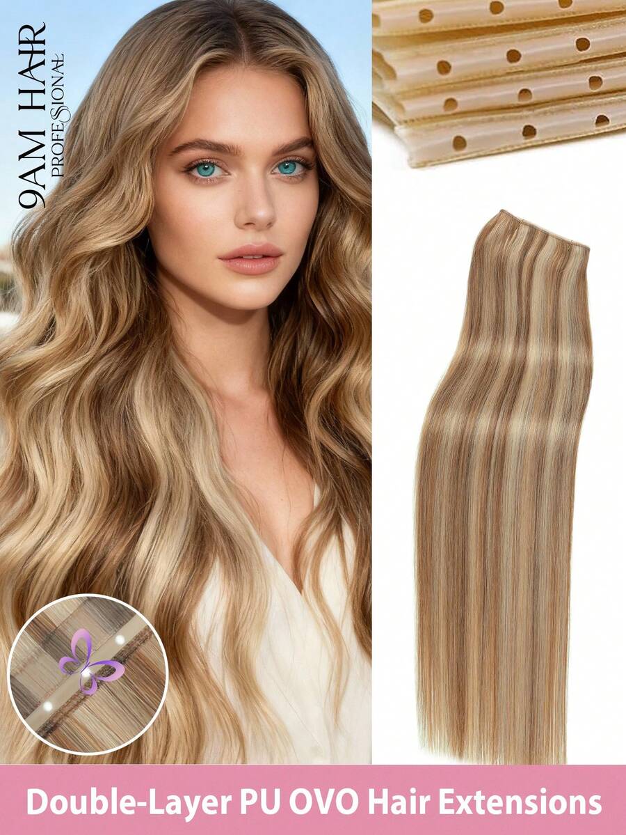 9AM HAIR Butterfly Weft Hair Extensions Human Hair Glueless OVO Pu Hole Genius Hand Tied Invisible DIY Double Weft Hair Extensions Straight 1pc 16 Inches - S6/18K - View 1