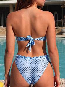 SHEIN Swim Marineblau gepunktetes 2 Stücke Bikini-Set für Frauen, Sommer, tropischer Strandurlaub, Urlaub, hohe Taille, Dreieck, Bandeau, trägerlos, vordere Schleife, luftig - Blau - Übersicht 2