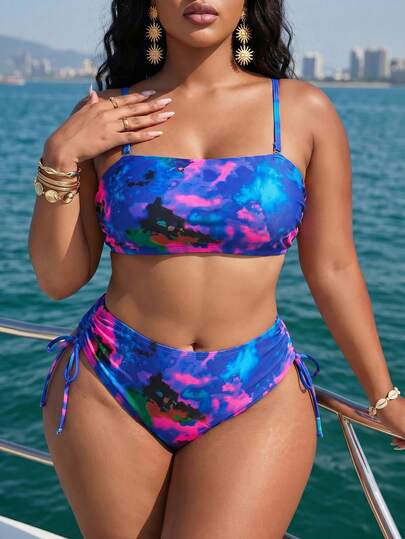 Slaydiva Bộ bikini hai mảnh in họa tiết dành cho nữ cỡ lớn, dây mảnh, kiểu tam giác, có dây rút, thích hợp cho kỳ nghỉ biển.