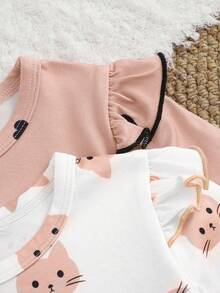 SHEIN 2pcs/Set Baby Girls' Spring/Autumn Outfits, Pink Kitty Cartoon All-Over Print Round Neck Long Sleeve With Ruffle Shoulder Design Paired With Pants, Heart Print Round Neck Long Sleeve With Ruffle Shoulder Design Paired With Pants, 4pcs Set, Comfortable & Cute Casual Wear - Multicolor - View 4