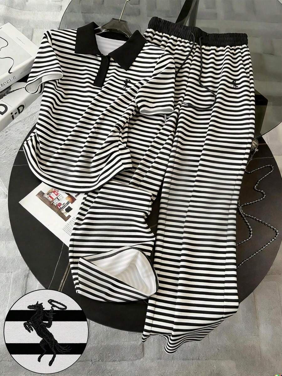 Gestreifter digital bedruckter modischer minimalistischer Damen Polokragen T-Shirt + Hose Set, Geschenk für Freunde - Verschiedenfarbig - Übersicht 1