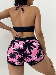 SHEIN Swim Conjunto de bikini de mujer con estampado de árbol de coco para playa de verano (estampado aleatorio) - Rosa - Ver 2