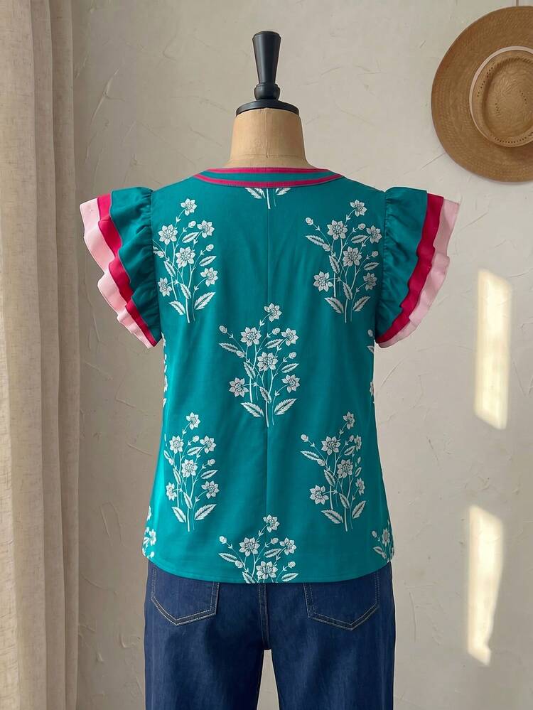 Plus Size Elegant Floral Print Notched Collar Ruffle Hem Blouse, Summer Summer Top Summer Outfit For Women Beach Outfit For Women