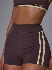 Musera Sport Foldover Stripe Side Low Rise Fitted Soft Touch Active Mini Shorts Coord Bottoms Only  Sport Workout Gym Cute Pilates Fitness Daily - Mocha Brown - View 1