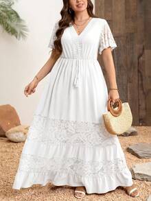 SHEIN Clasi Plus Size Elegant Lace Patchwork V-Neck Bohemian Style Dress - White - View 7
