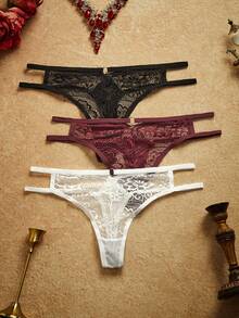 PinupPomp 3pcs Set Women's Lace Seamless T-Back Panties, Sexy - Multicolor - View 1