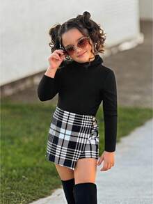 Firerie Kids Firerie Kids 2 件套女童高领 T 恤和格子短裙，适合日常通勤，女童秋装 - 黑與白 - 查看 1