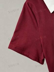 SHEIN 青少年女孩對比色半拉鍊短袖休閒夏季百搭T恤套裝 - 酒紅色 - 查看 5