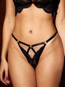 Bella Beso Floral Lace Ring Linked Cut-Out G-String Sexy Lingerie - Black - View 3