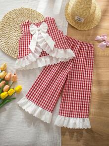 Emery Rose Kids Emery Rose Kids 2pcs Young Girl Woven Contrast Color Plaid Ruffle Trim Casual Vest And Pants Set - Red - View 2