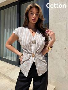 Firerie Women's Elegant Smart Casual White Stripe Summer Blouse, Holiday Vacation Cotton Ruched Waist Metal Button Fitted Shirt For Commuting Work Tea Party - Apricot - View 1