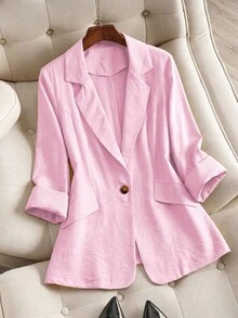 Franclia Plus Size Women's Fashionable Minimalist 3/4 Sleeve Fitted Blazer For Work, Spring/Summer - Pink - View 1