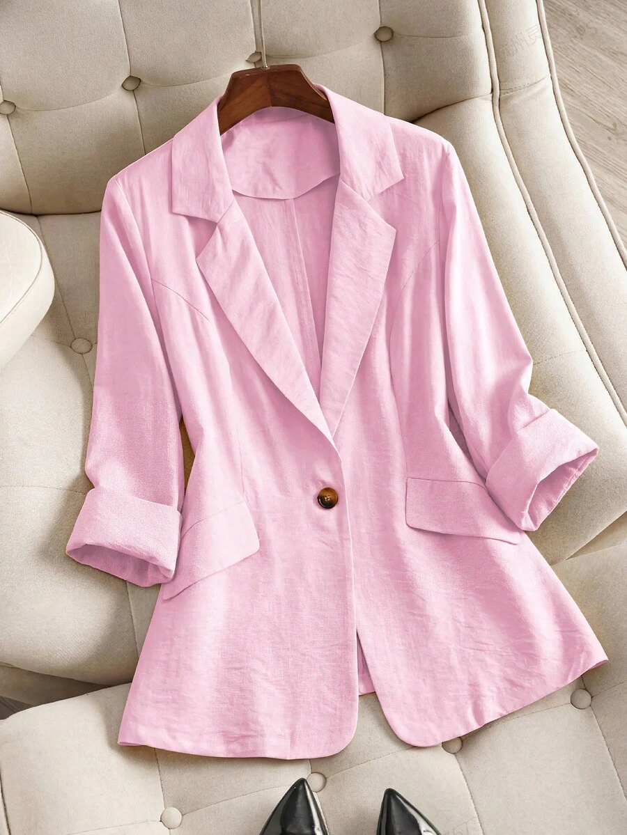 Franclia Plus Size Women's Fashionable Minimalist 3/4 Sleeve Fitted Blazer For Work, Spring/Summer - Pink - View 1