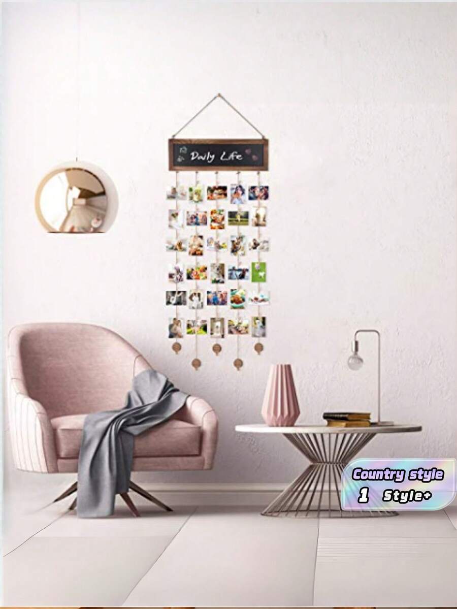 1Set Vintage Rustic Wood Hanging Photo Display Wall Decor Multi Picture Frames Collage Decoration For Home Living Room Bedroom Office Wall Art Photo Clips Gift - black - View 1