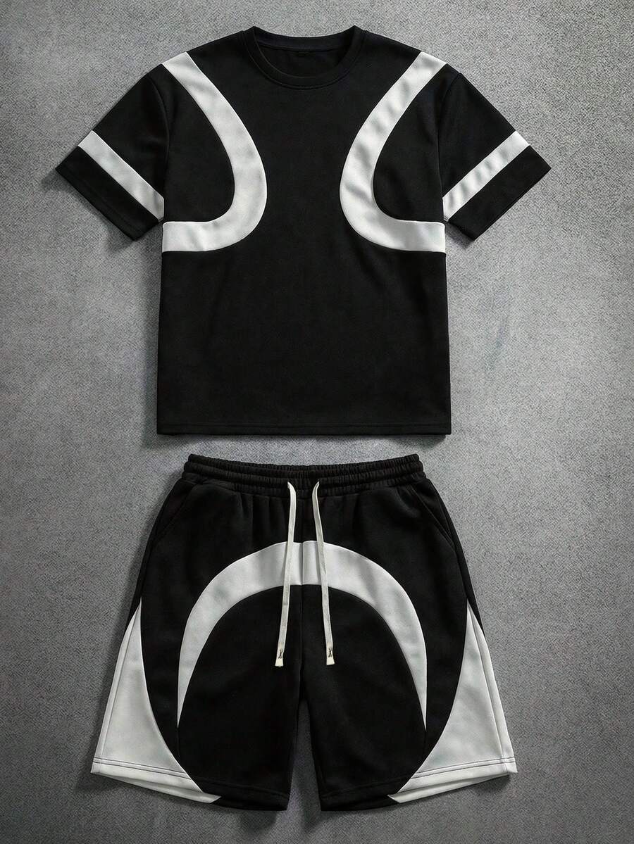 PAVTROS Conjunto de camisetas casuales de hombre con parches, estilo urbano - Negro - Ver 1