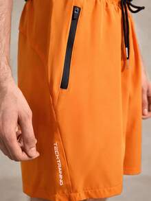 男士抽繩多功能日常休閒運動短褲，健身房短褲，籃球短褲，輕量款，適合網球男友 - 橘色 - 查看 7
