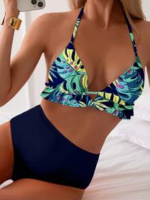 Swim Lushoire 女士印花三角比基尼上衣和纯色高腰泳裤套装，夏季 - 藏蓝色 - 查看 4