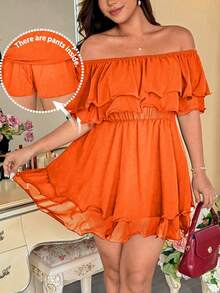 Vionelle Romper Wanita Ukuran Besar Warna Polos Elegan Lucu Peri Dua Lapis Berkerut Tanpa Bahu Cocok untuk Pernikahan, Liburan, dan Musim Panas (Oranye Terbakar) - Jeruk - View 6