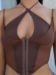 Vassilux White Corset Hook And Eye Front Mesh Insert Cami Top Casual Summer - Brown - View 3