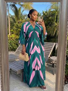 SHEIN CURVE+ Plus Size Women's Vacation Green Plant Print 3/4 Sleeve Dress - Multicolor - View 4