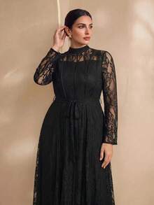 Graceveil Đầm dáng chữ A size lớn màu trơn thanh lịch, tay dài ren, eo chiết, phù hợp cho mùa xuân và mùa hè, màu đen - màu đen - Xem 3